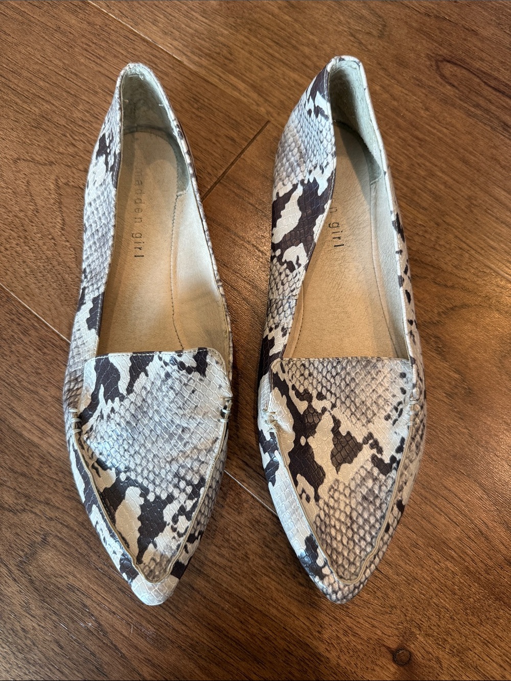 Madden Girl Pointed Snake-Print Loafers in Beige and Black